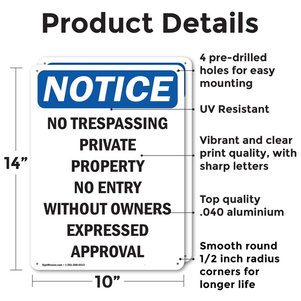 No Trespassing Private Property OSHA Notice Sign, Aluminum, 10in W X 14in L, 2PK